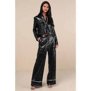 Lulus Sparkly Mood Black Sequin High Rise Wide-leg Pants - Size S